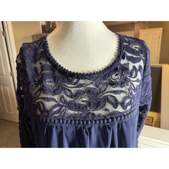 Navy Blue Lace Chiffon Babydoll Dress Sheer Sleeves Coquette Fairycore Size L - Picture 2 of 6